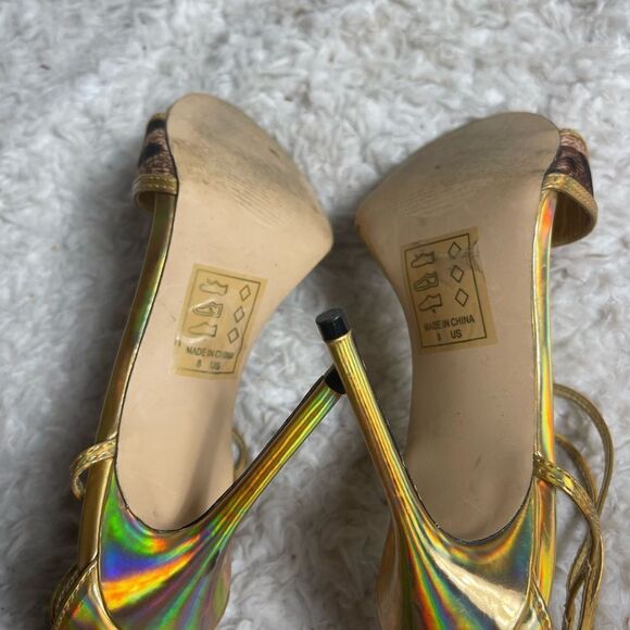 Shoe Dazzle leopard print and gold synthetic straps sandals back Zipper SZ8 - Picture 10 of 10